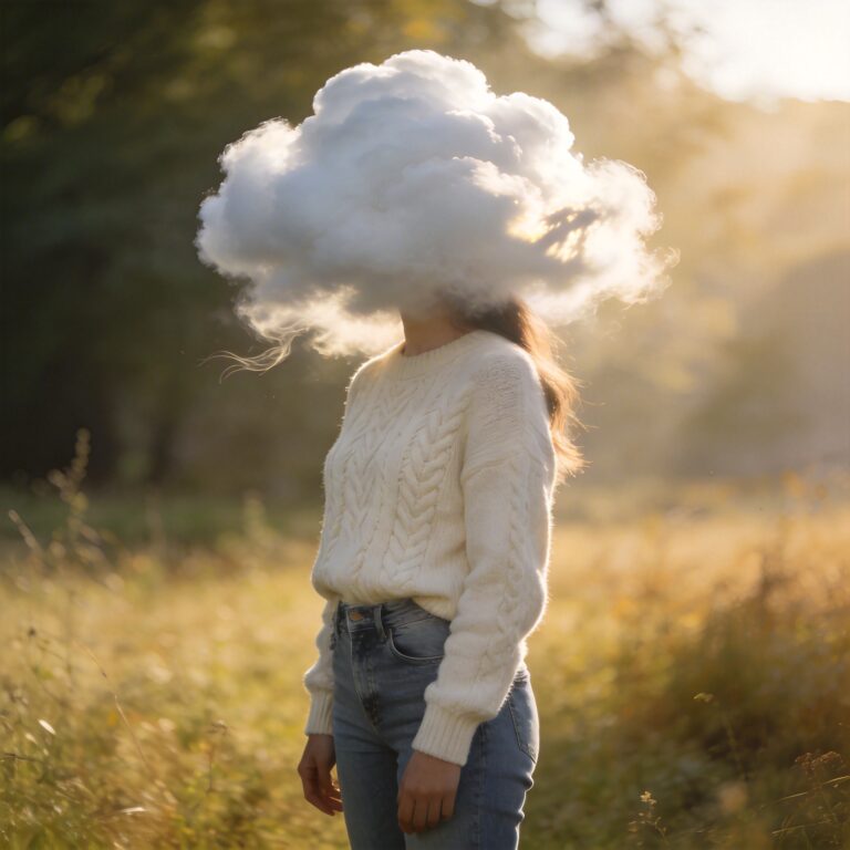 Frau deren Kopf eine weiße Wolke ist